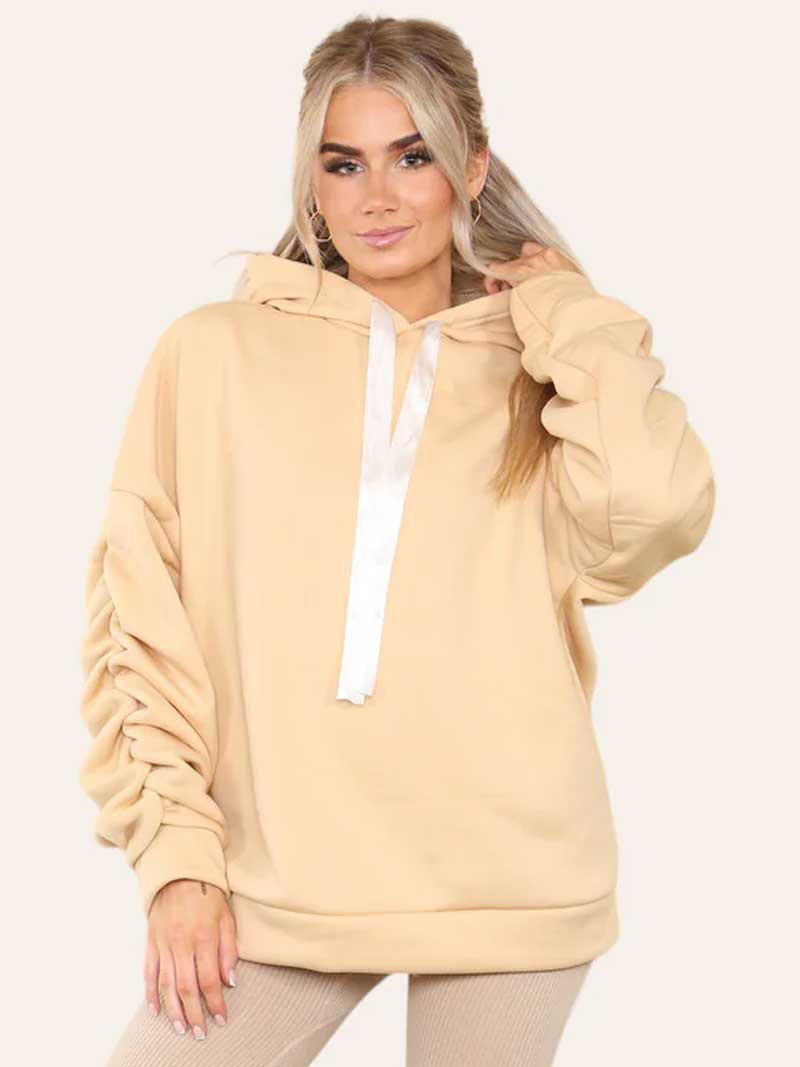 Women Oversized Ruched Sleeves Hoodie with Ribbon - Remzs Fashion