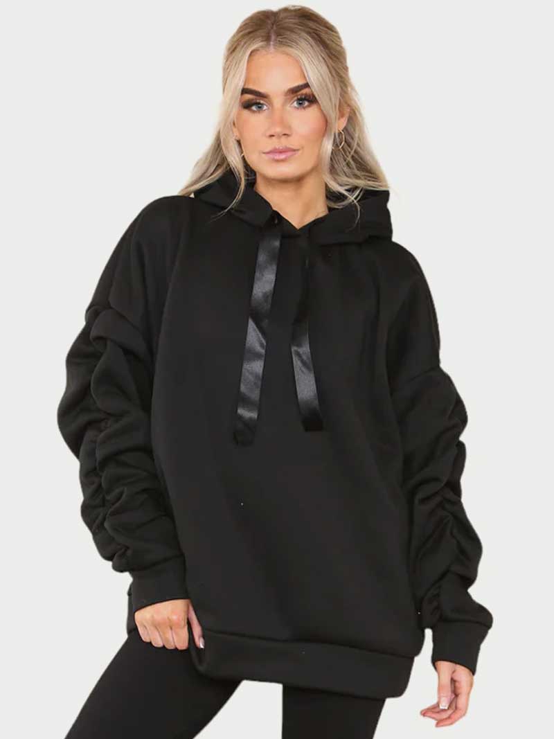 Women Oversized Ruched Sleeves Hoodie with Ribbon - Remzs Fashion