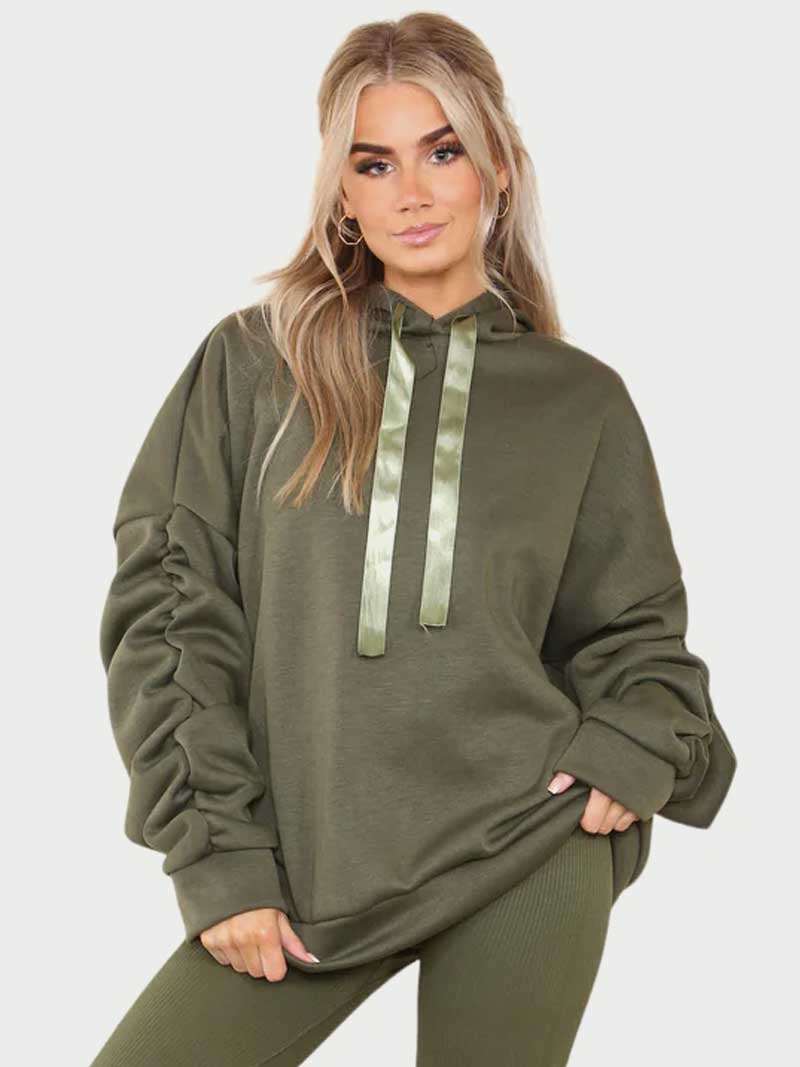 Women Oversized Ruched Sleeves Hoodie with Ribbon - Remzs Fashion