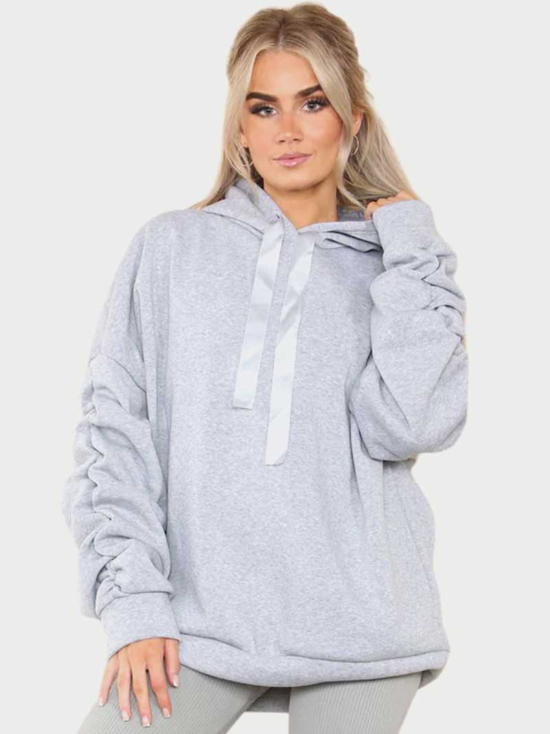 Women Oversized Ruched Sleeves Hoodie with Ribbon - Remzs Fashion