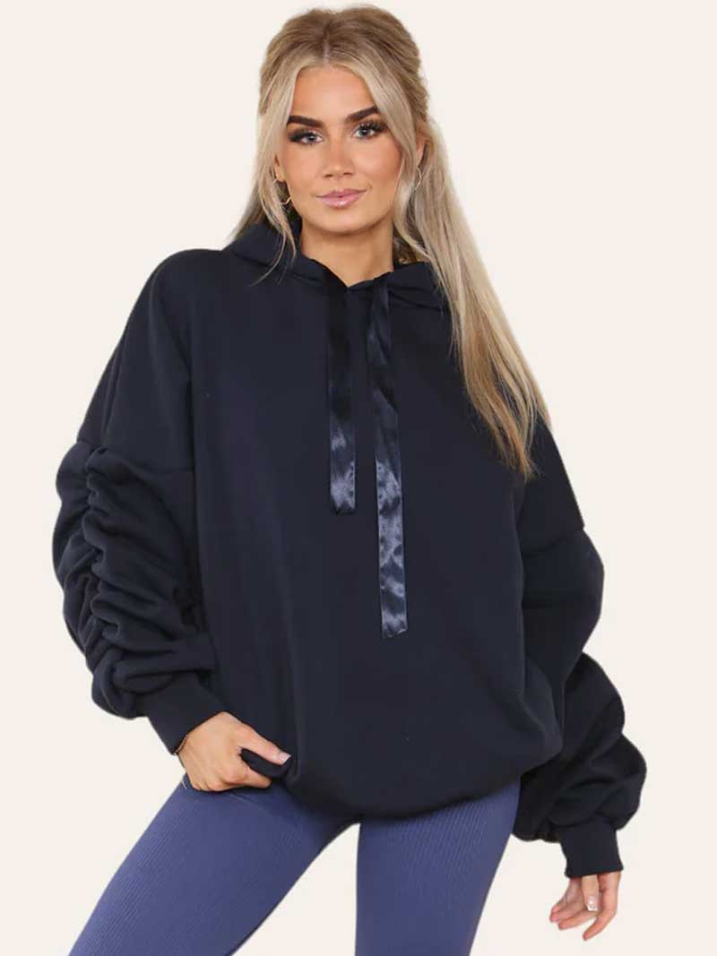 Women Oversized Ruched Sleeves Hoodie with Ribbon - Remzs Fashion
