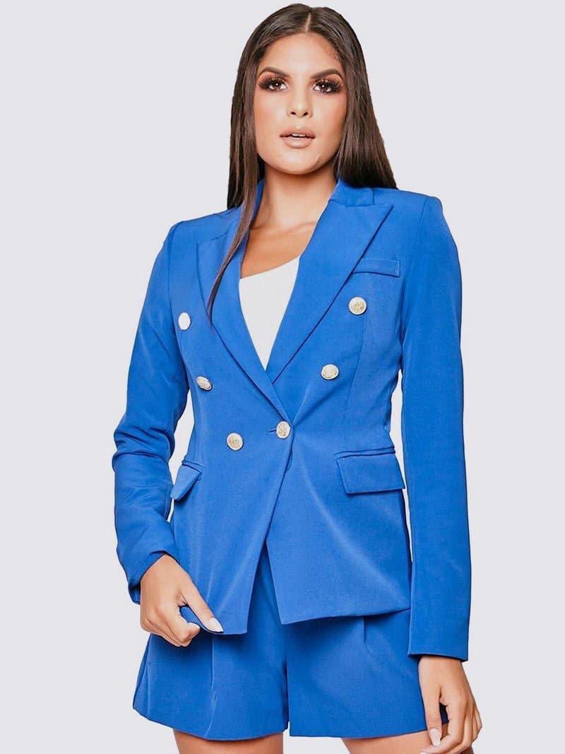 Women's Gold Button Double Breasted Padded Shoulder Blazer Coat - Remzs Fashion