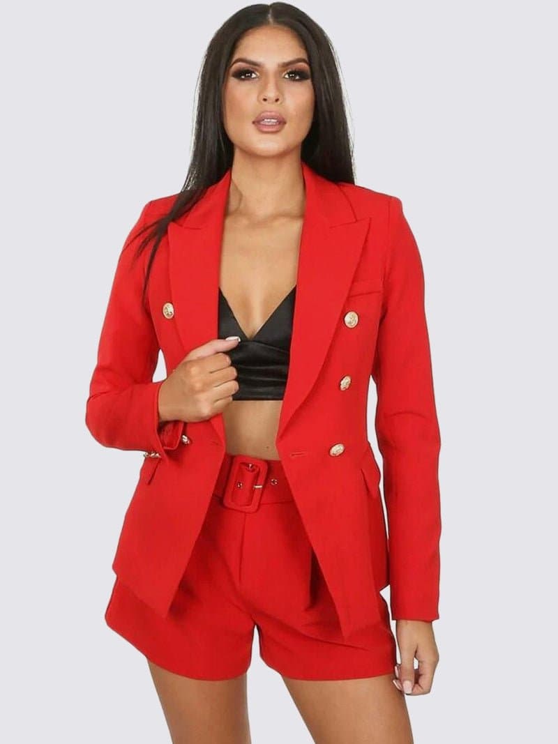 Women's Gold Button Double Breasted Padded Shoulder Blazer Coat - Remzs Fashion