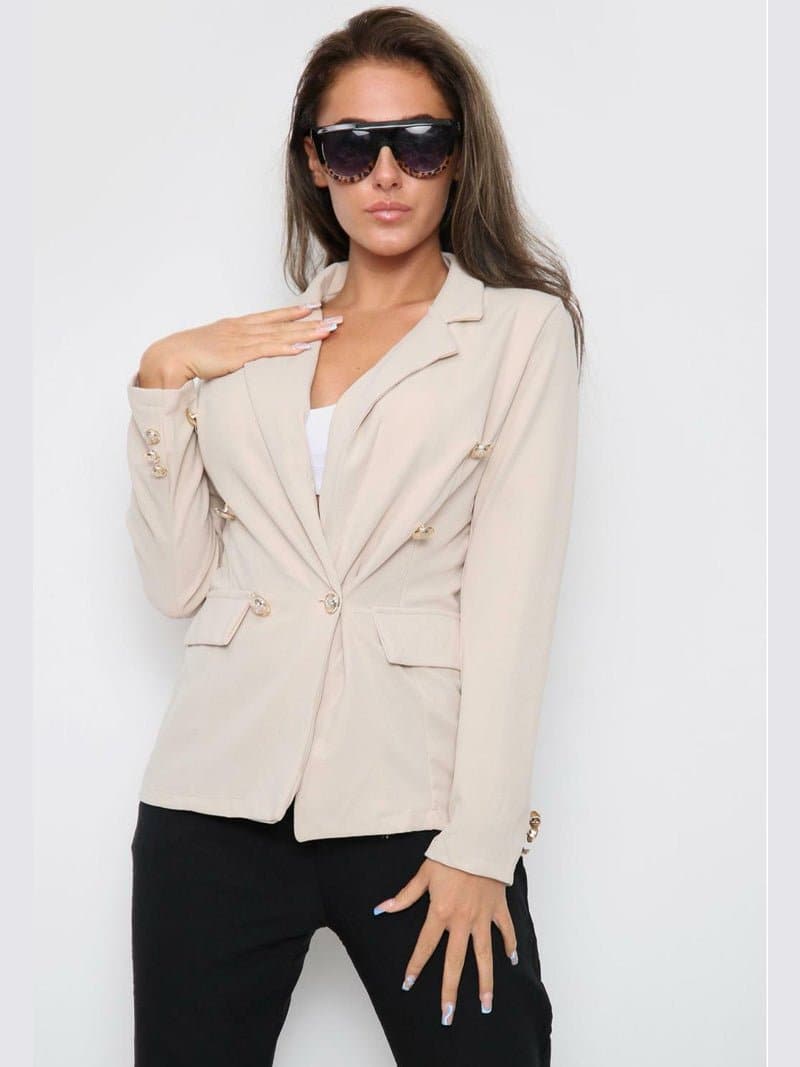 Women's Gold Button Double Breasted Padded Shoulder Blazer Coat - Remzs Fashion