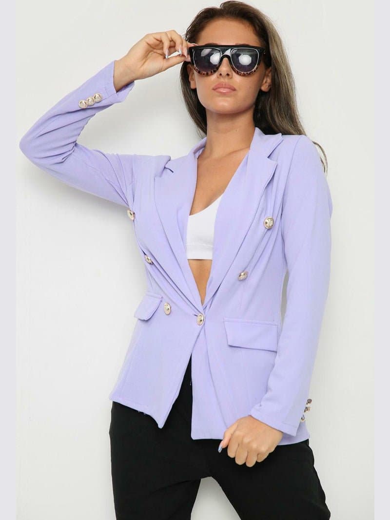 Women's Gold Button Double Breasted Padded Shoulder Blazer Coat - Remzs Fashion