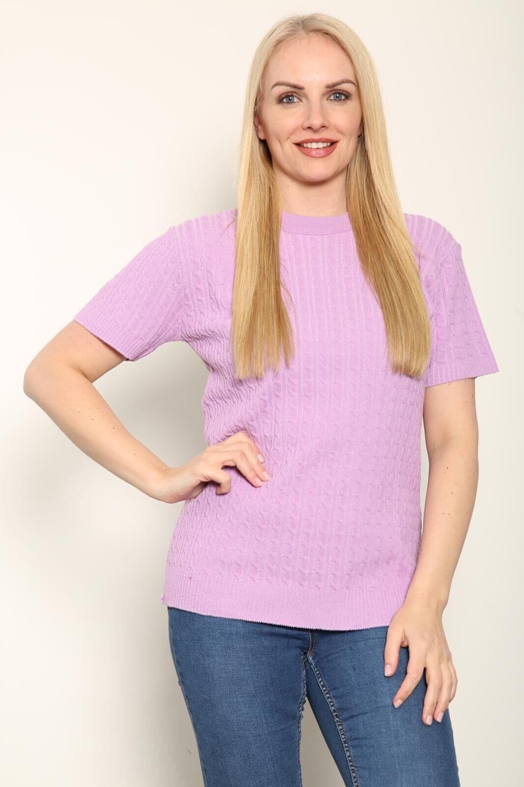 Women's Knitted Short Sleeve Top Soft Cable Knit Sweater Round Neck Jumper 8-24 - Remzs Fashion