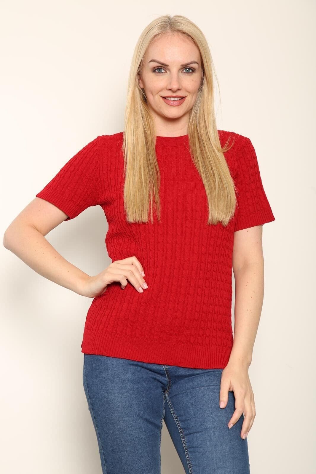 Women's Knitted Short Sleeve Top Soft Cable Knit Sweater Round Neck Jumper 8-24 - Remzs Fashion