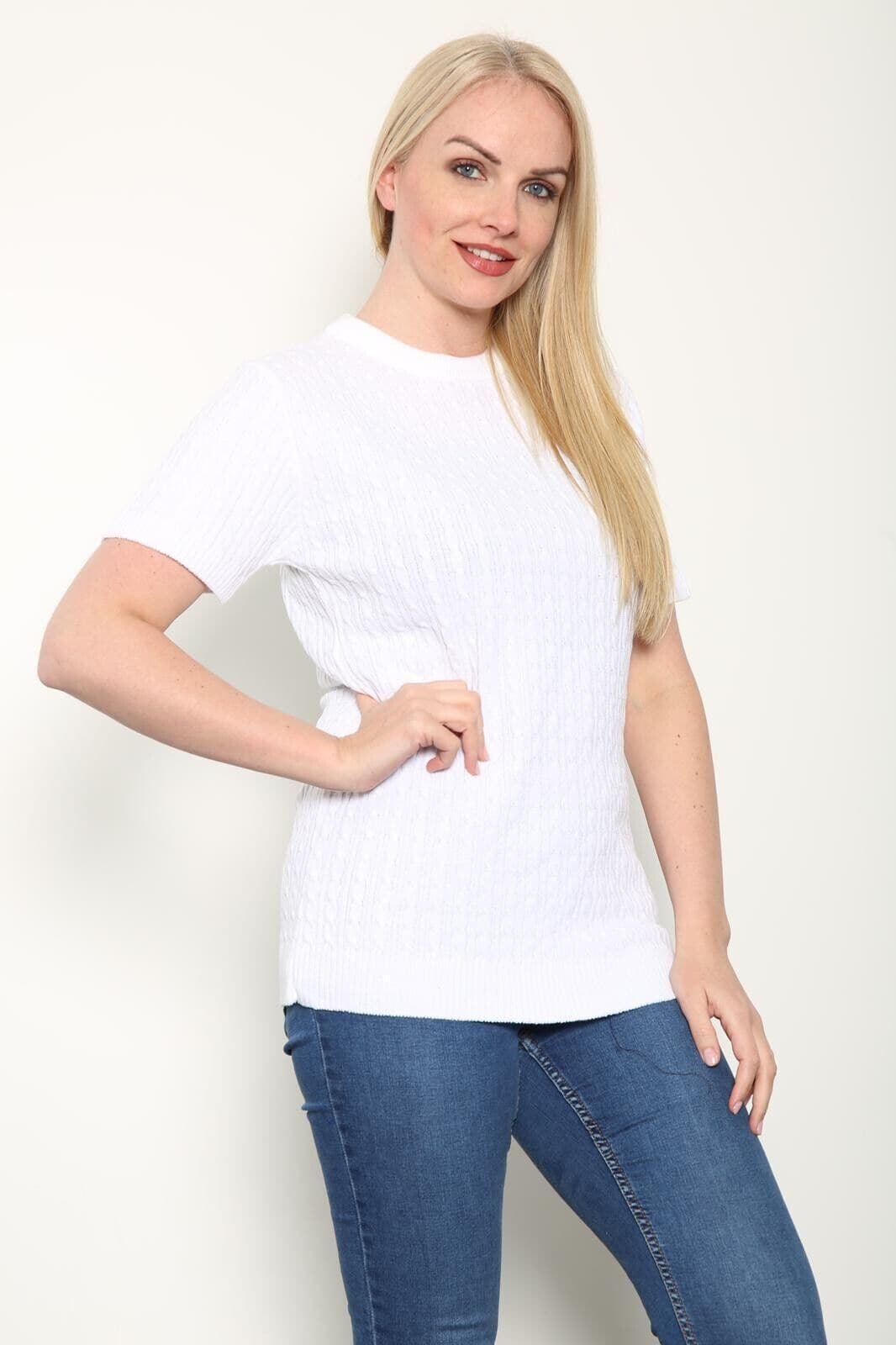 Women's Knitted Short Sleeve Top Soft Cable Knit Sweater Round Neck Jumper 8-24 - Remzs Fashion