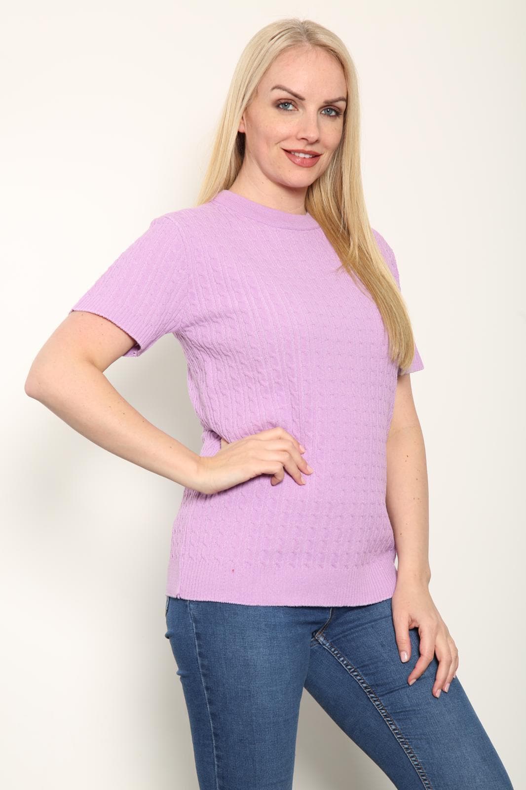 Women's Knitted Short Sleeve Top Soft Cable Knit Sweater Round Neck Jumper 8-24 - Remzs Fashion