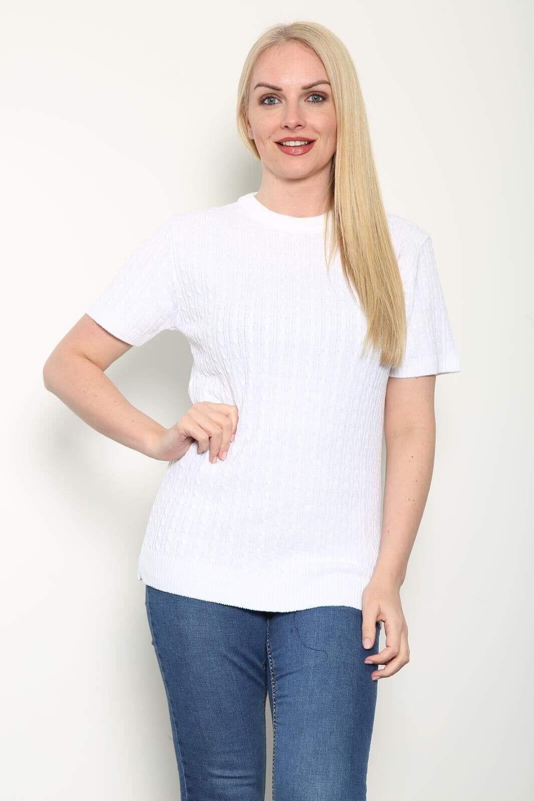 Women's Knitted Short Sleeve Top Soft Cable Knit Sweater Round Neck Jumper 8-24 - Remzs Fashion