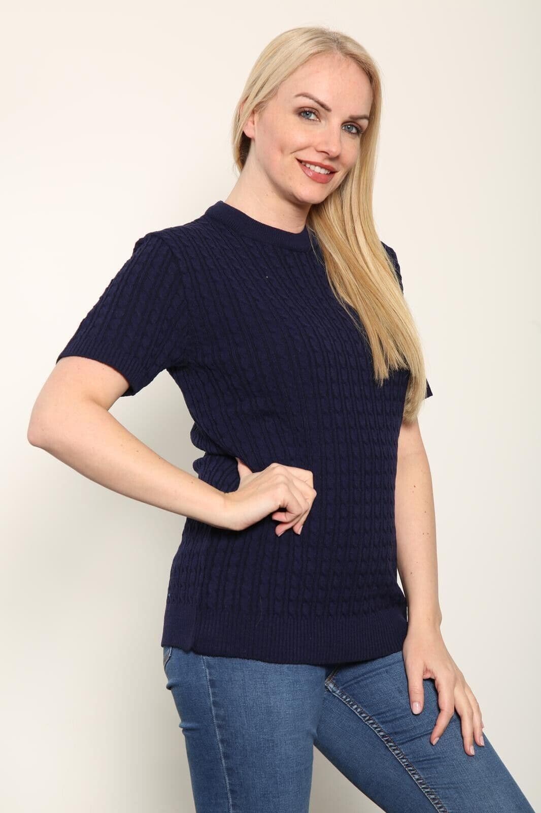 Women's Knitted Short Sleeve Top Soft Cable Knit Sweater Round Neck Jumper 8-24 - Remzs Fashion