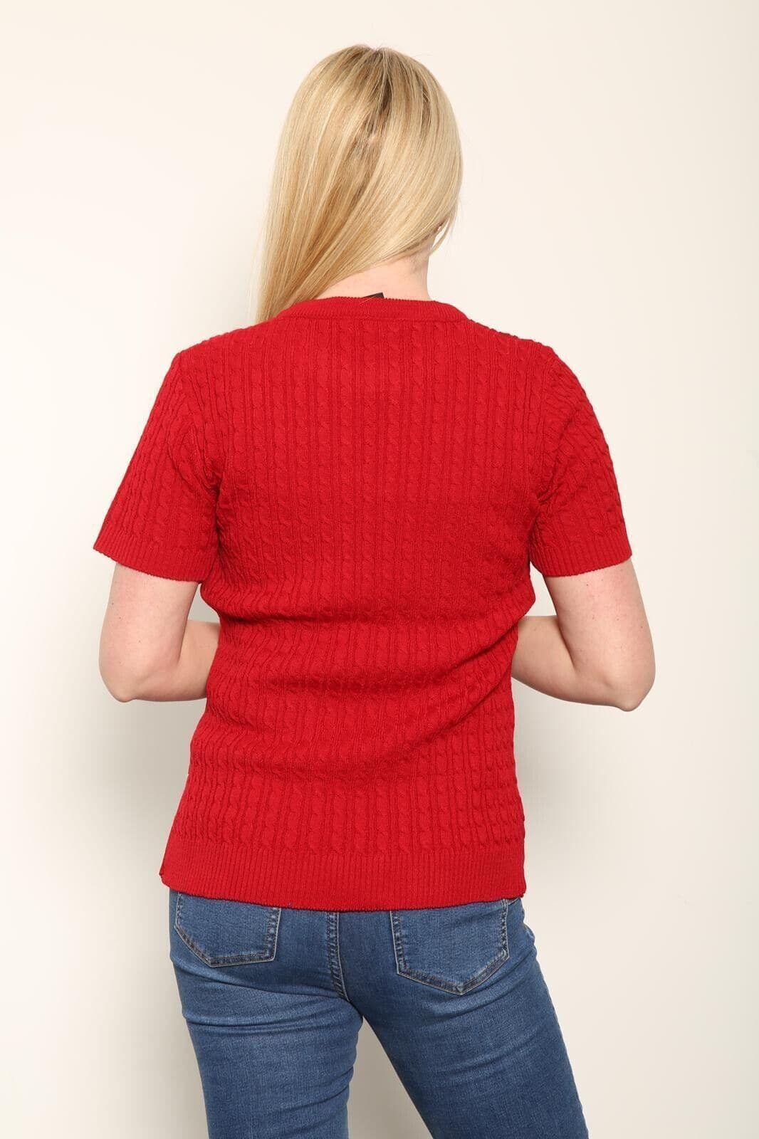 Women's Knitted Short Sleeve Top Soft Cable Knit Sweater Round Neck Jumper 8-24 - Remzs Fashion
