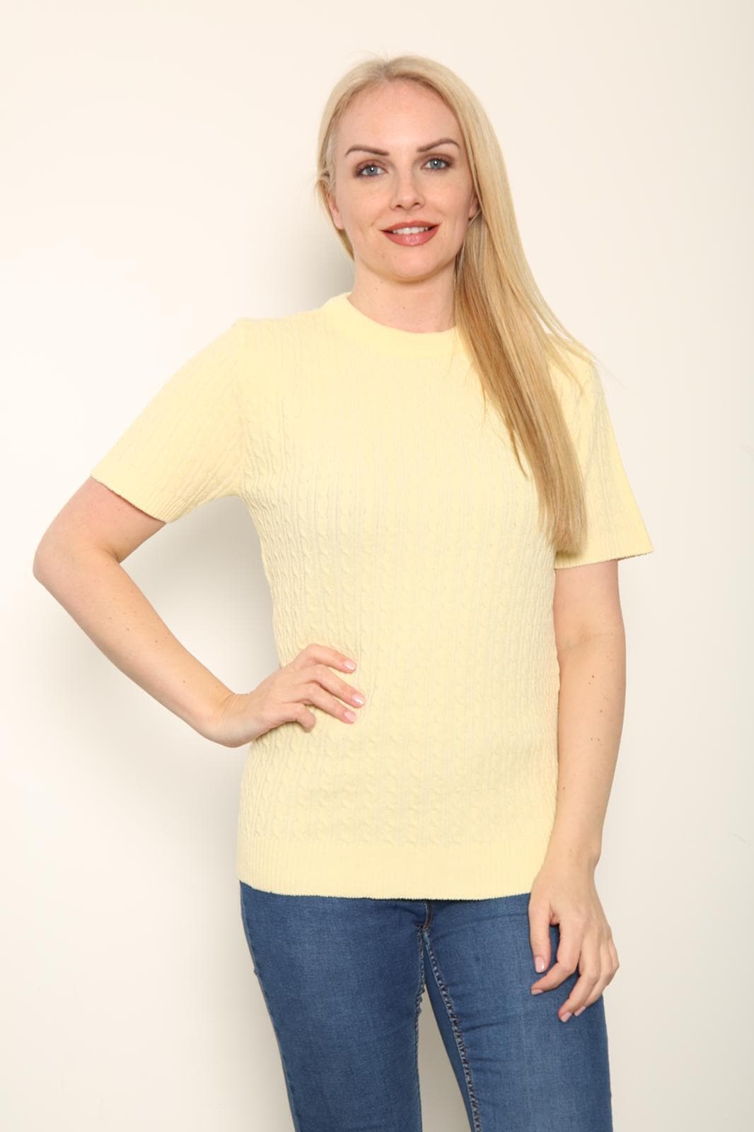Women's Knitted Short Sleeve Top Soft Cable Knit Sweater Round Neck Jumper 8-24 - Remzs Fashion
