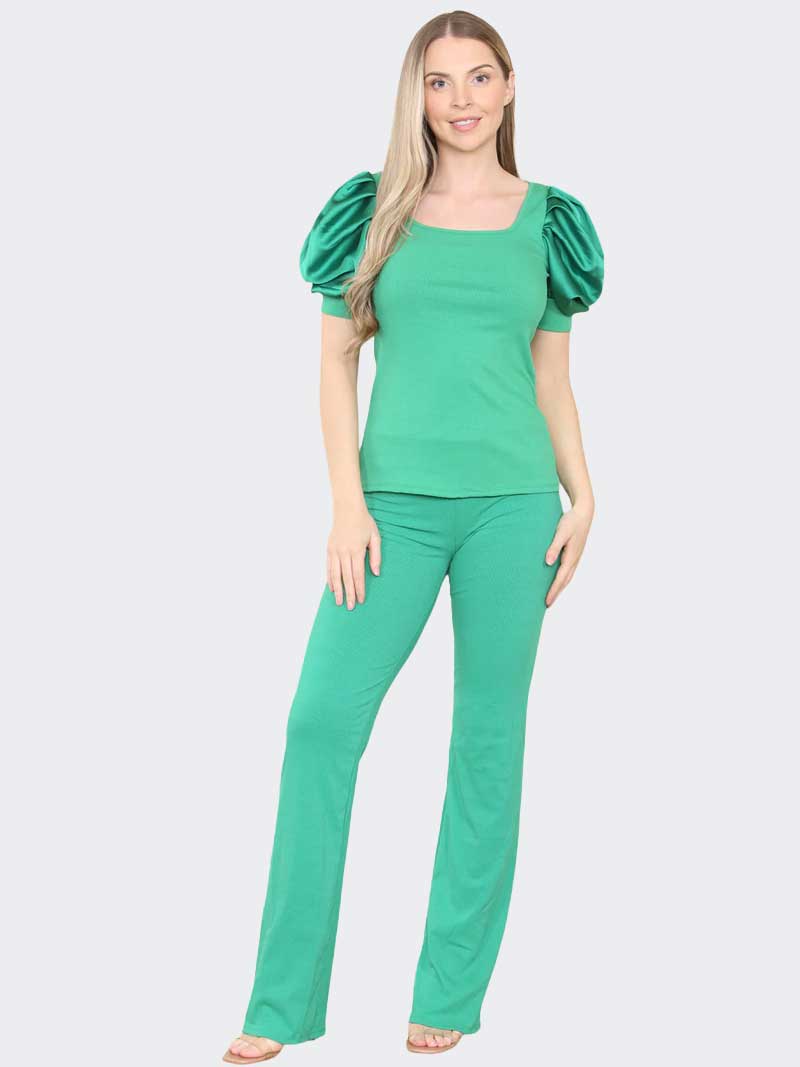 Women's Satin Puff Sleeves Co-Ord Top and Bottom Loungewear Suit - Remzs Fashion