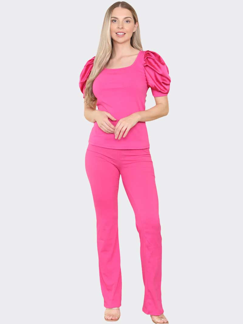 Women's Satin Puff Sleeves Co-Ord Top and Bottom Loungewear Suit - Remzs Fashion