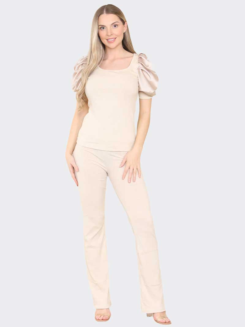 Women's Satin Puff Sleeves Co-Ord Top and Bottom Loungewear Suit - Remzs Fashion