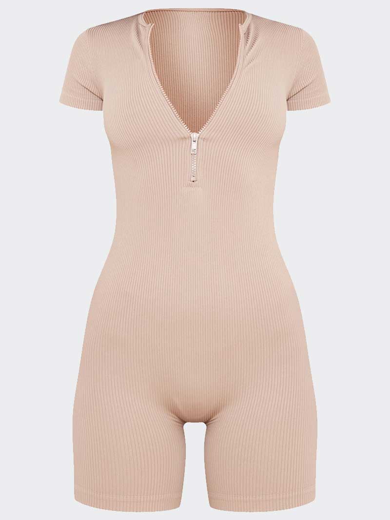 Women's Snatched Rib Short Sleeve Zip Front Unitard - Remzs Fashion